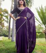 Purple heavy hot fix zarkan stone border work satin silk chiffon party wear with blouse