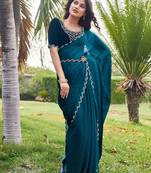 Teal blue heavy hot fix zarkan stone border work satin silk chiffon party wear with blouse