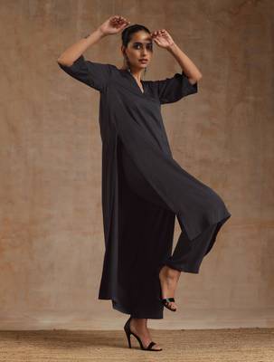 Grey Modal High-Low Relax Kurta Set 1