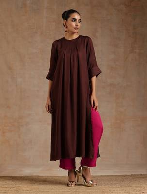 Cola Brown Modal Neck Pleat Kurta Set 1