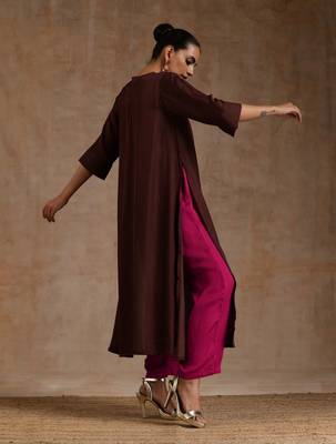 Cola Brown Modal Neck Pleat Kurta Set 2