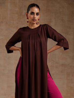 Cola Brown Modal Neck Pleat Kurta Set 3