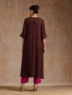 Cola Brown Modal Neck Pleat Kurta Set 5