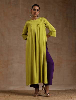 Lime Modal Neck Pleat Kurta Set 1