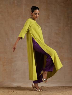 Lime Modal Neck Pleat Kurta Set 3