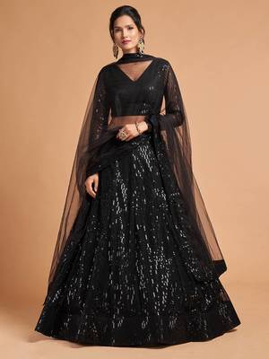black net sequin work lehenga set choli with dupatta for women 1