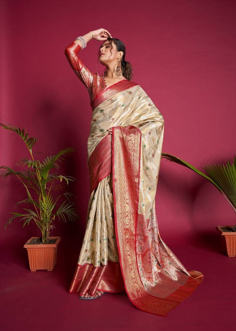 Women's Kanjeevaram Silk Cream Woven Design Designer Saree With Blouse Piece