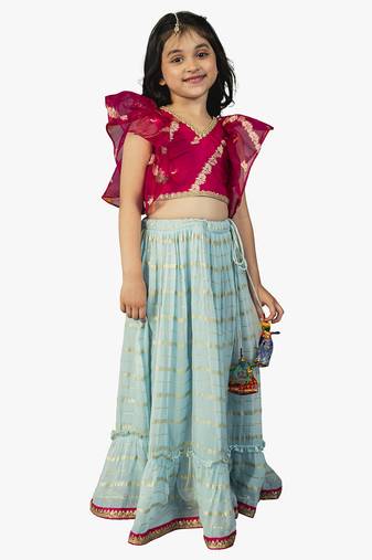Jilmil girl's pink-blue lehenga (set of 2)
