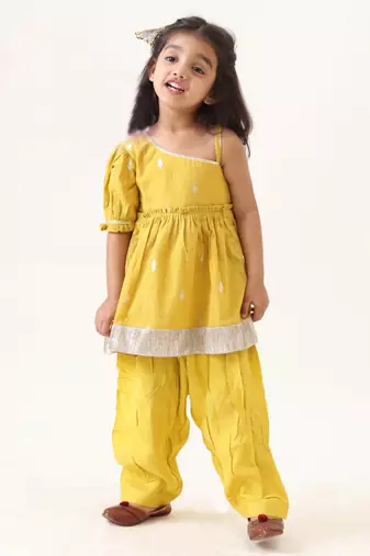 yellow cotton lurex flounce kurta pyjama (set of 2)