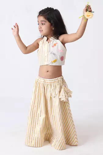 off-white cotton golden lurex handworked lahenga set