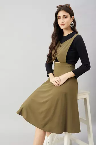 Winered women green pinafore flared dress