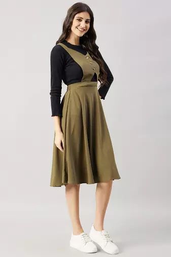 Winered women green pinafore flared dress