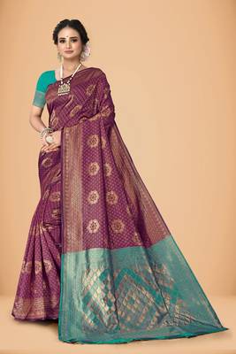 Purple woven silk blend kanjivaram womens saree with blouse 1