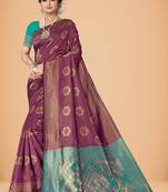 Purple woven silk blend kanjivaram womens saree with blouse