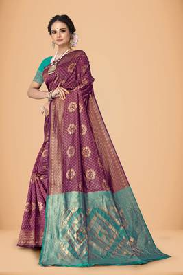 Purple woven silk blend kanjivaram womens saree with blouse 2