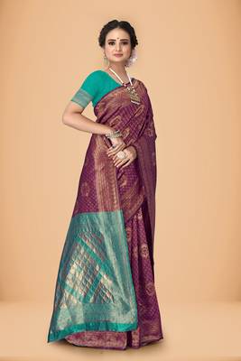 Purple woven silk blend kanjivaram womens saree with blouse 3