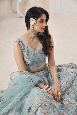 Sky blue embroidered semi stitched lehenga 2