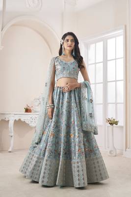 Sky blue embroidered semi stitched lehenga 1