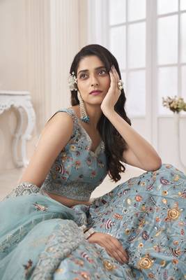 Sky blue embroidered semi stitched lehenga 4