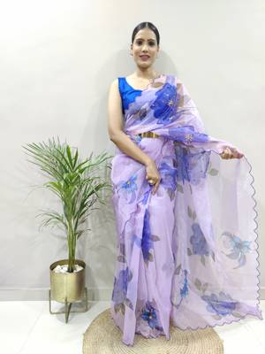Purple Colour Organza Silk Hand Work Ready To Wear Saree WITH UN-STITCHED BLOUSE 1
