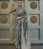 Grey color lakhnavi chikankari weaving work saree with blouse