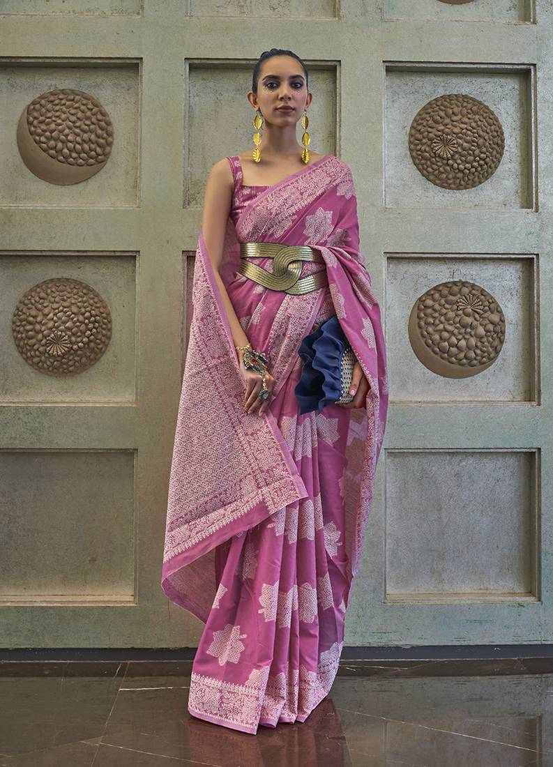 Purplish pink color lakhnavi chikankari weaving work saree with blouse