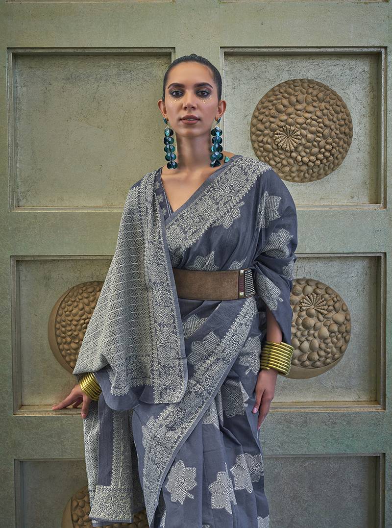 Dusky grey color lakhnavi chikankari weaving work saree with