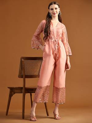 Women   s Printed Net Fabric Ankle Length Jumpsuit (Pink) (MAT15) 1
