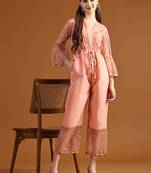 Women   s Printed Net Fabric Ankle Length Jumpsuit (Pink) (MAT15)