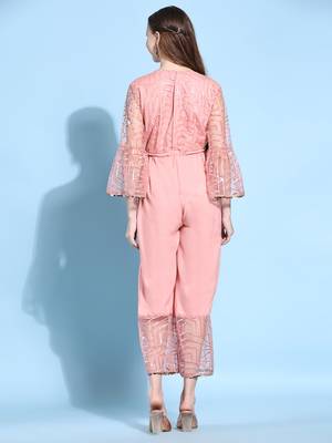 Women   s Printed Net Fabric Ankle Length Jumpsuit (Pink) (MAT15) 2