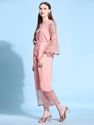 Women   s Printed Net Fabric Ankle Length Jumpsuit (Pink) (MAT15) 3