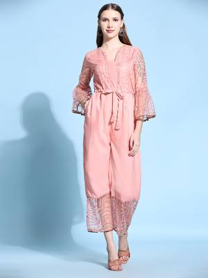 Women   s Printed Net Fabric Ankle Length Jumpsuit (Pink) (MAT15) 4