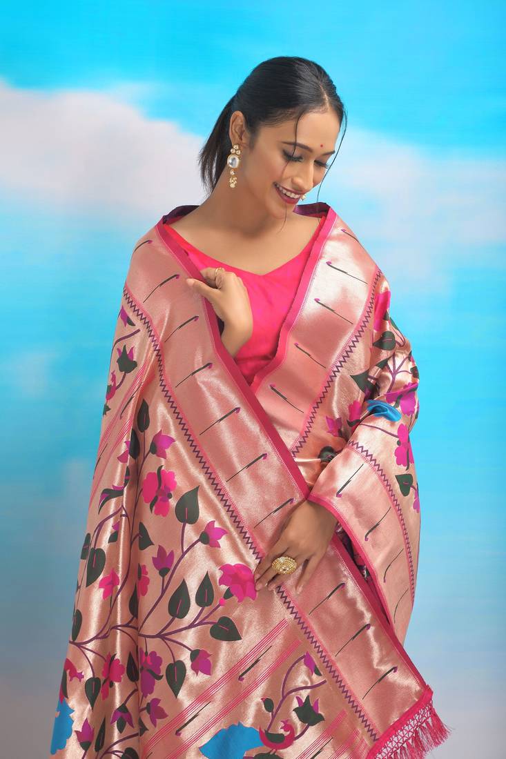 CREAME GOLDEN BANARASI PAITHANI SILK BEAUTIFUL  SAREE