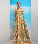 CREAME GOLDEN BANARASI PAITHANI SILK BEAUTIFUL  SAREE