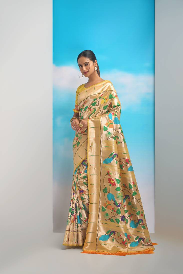 CREAME GOLDEN BANARASI PAITHANI SILK BEAUTIFUL  SAREE