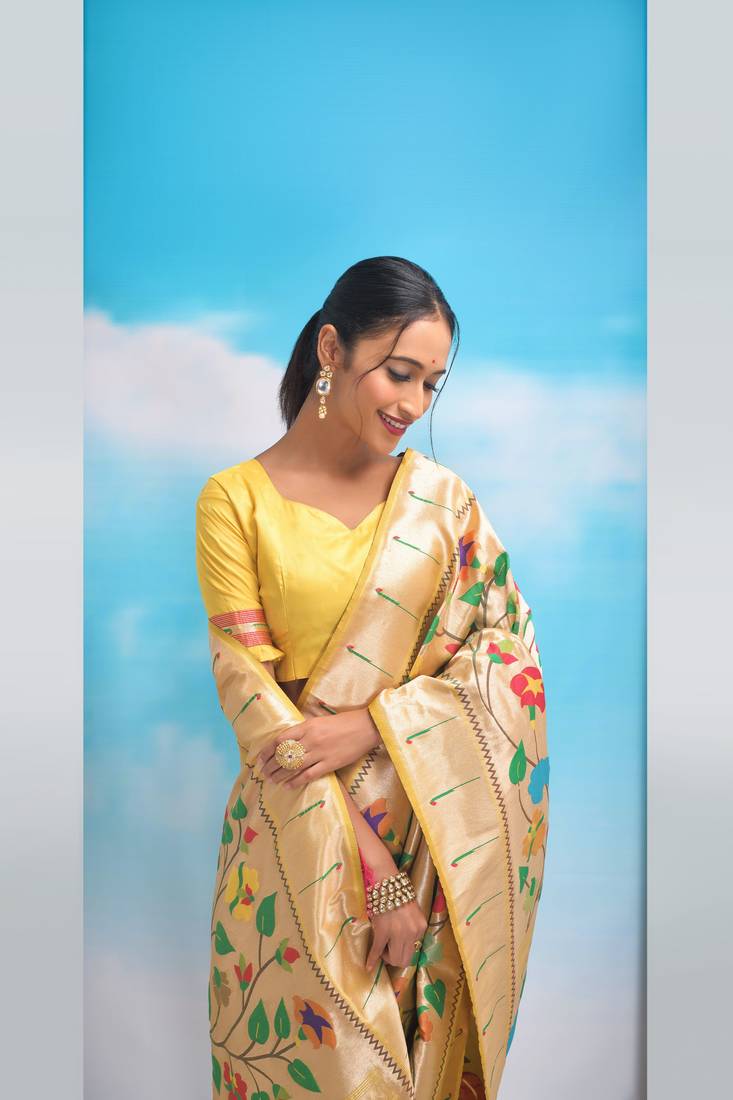 CREAME GOLDEN BANARASI PAITHANI SILK BEAUTIFUL  SAREE