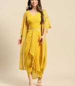 Modestouze Attires Women   s Foil Printed Georgette Ethnic Jacket with Top and Skirt (Yellow) (MAK13)