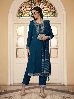 Trendmalls Teal Blue Cotton Silk Kurta Set with Chanderi Silk Dupatta 3 pieces SalwarKameez set 1