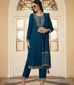 Trendmalls Teal Blue Cotton Silk Kurta Set with Chanderi Silk Dupatta 3 pieces SalwarKameez set