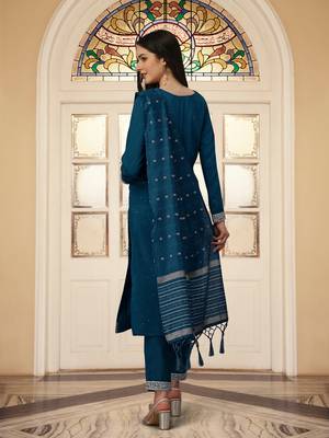 Trendmalls Teal Blue Cotton Silk Kurta Set with Chanderi Silk Dupatta 3 pieces SalwarKameez set 2