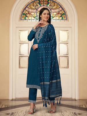 Trendmalls Teal Blue Cotton Silk Kurta Set with Chanderi Silk Dupatta 3 pieces SalwarKameez set 3