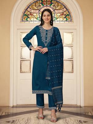 Trendmalls Teal Blue Cotton Silk Kurta Set with Chanderi Silk Dupatta 3 pieces SalwarKameez set 4