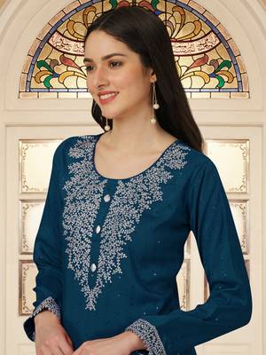 Trendmalls Teal Blue Cotton Silk Kurta Set with Chanderi Silk Dupatta 3 pieces SalwarKameez set 5