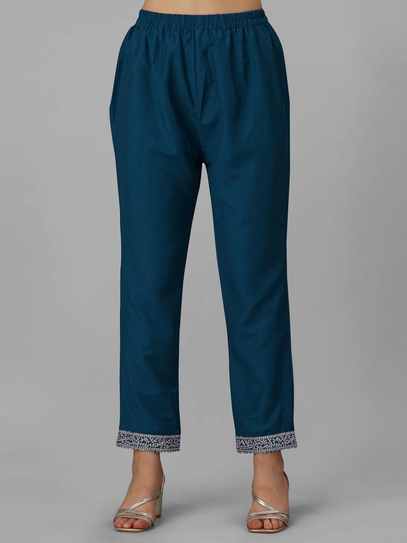 Trendmalls Teal Blue Cotton Silk Kurta Set with Chanderi Silk Dupatta 3 pieces SalwarKameez set