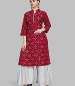 Here is a red color, cotton, printed, badhani, collar neck, designer kurti, white bottom, straight kurti: