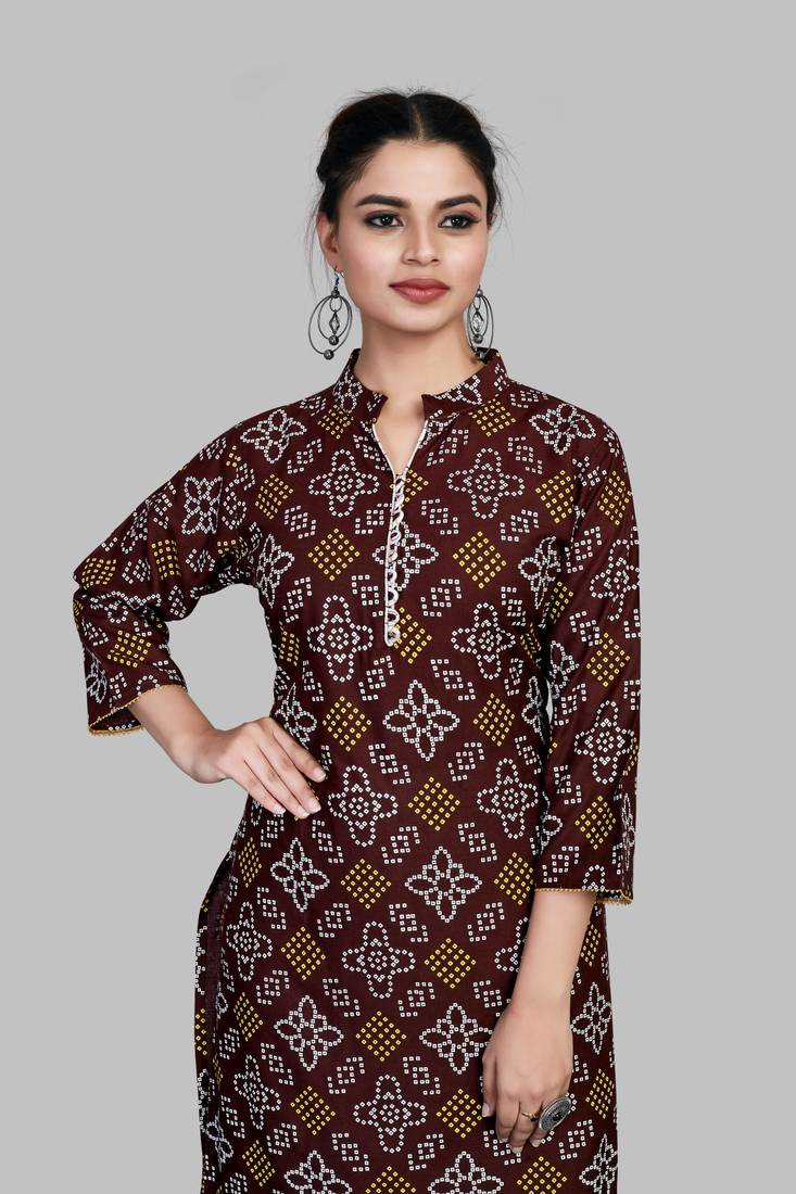 Here is a red color, cotton, printed, badhani, collar neck, designer kurti, white bottom, straight kurti: