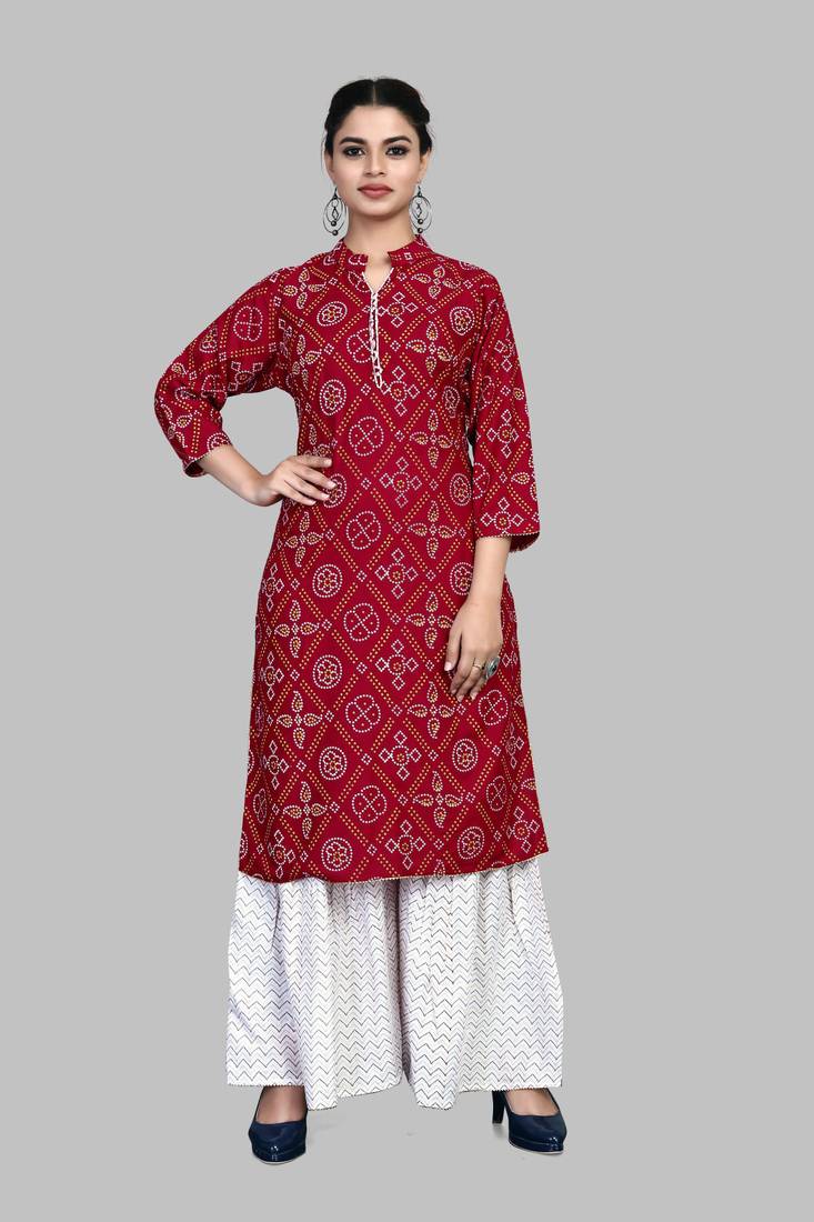Here is a red color, cotton, printed, badhani, collar neck, designer kurti, white bottom, straight kurti: