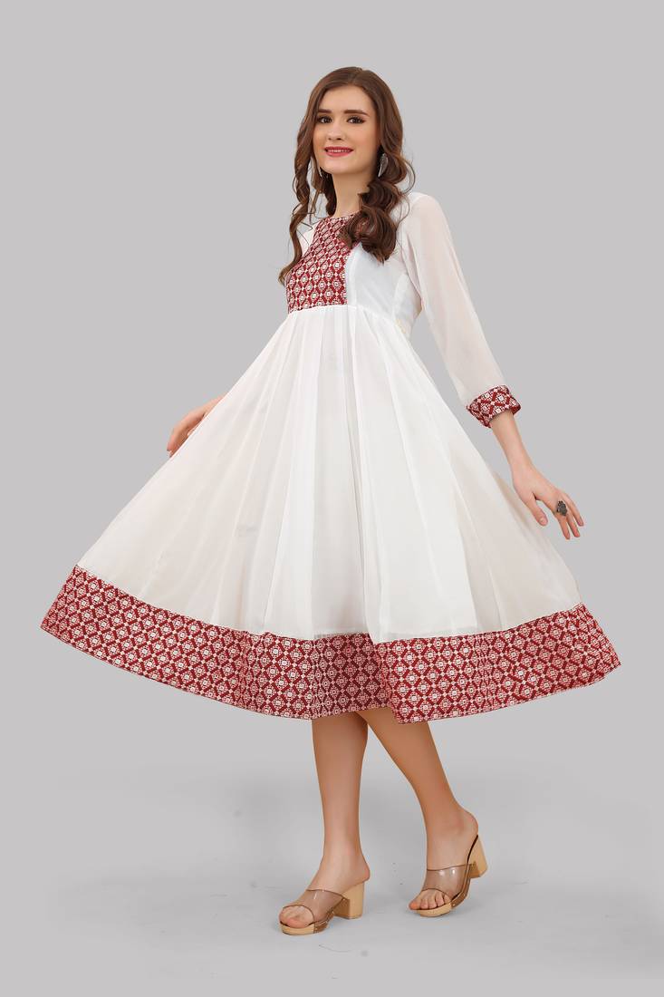 White embroidered georgette anarkali designer kurti
