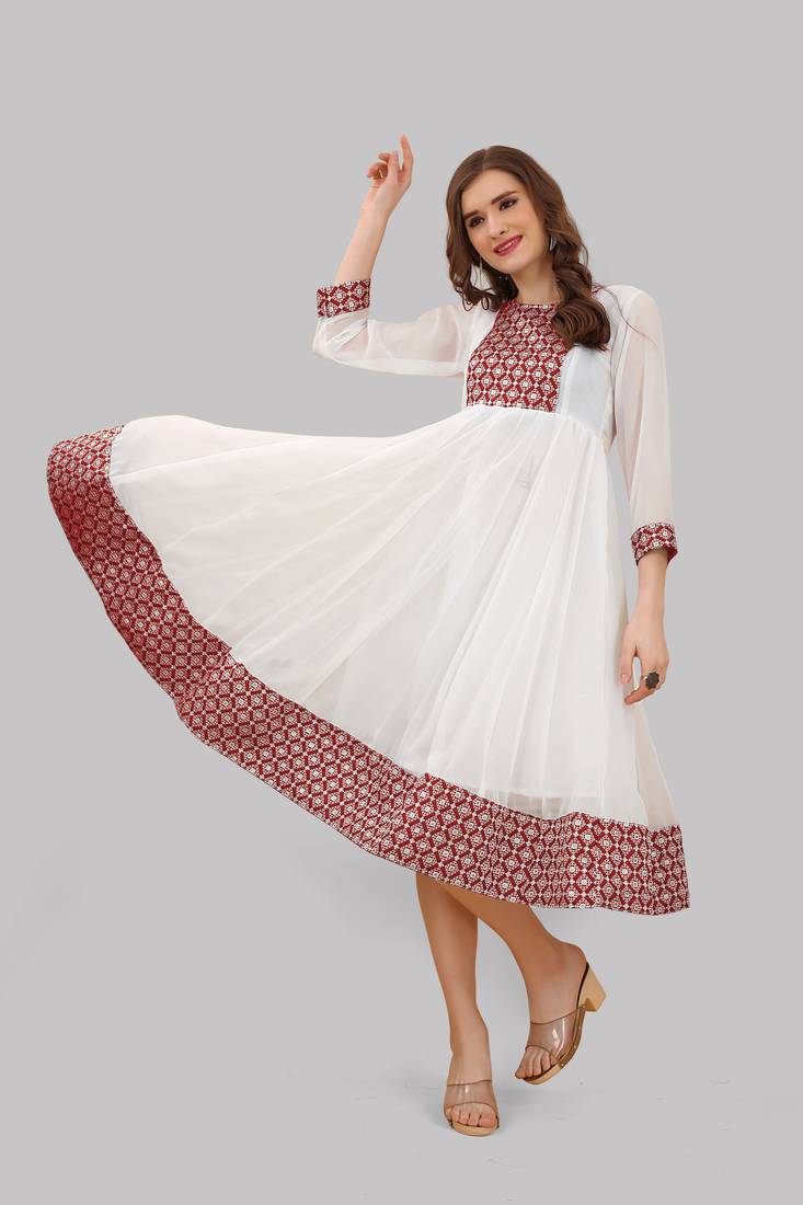 White embroidered georgette anarkali designer kurti
