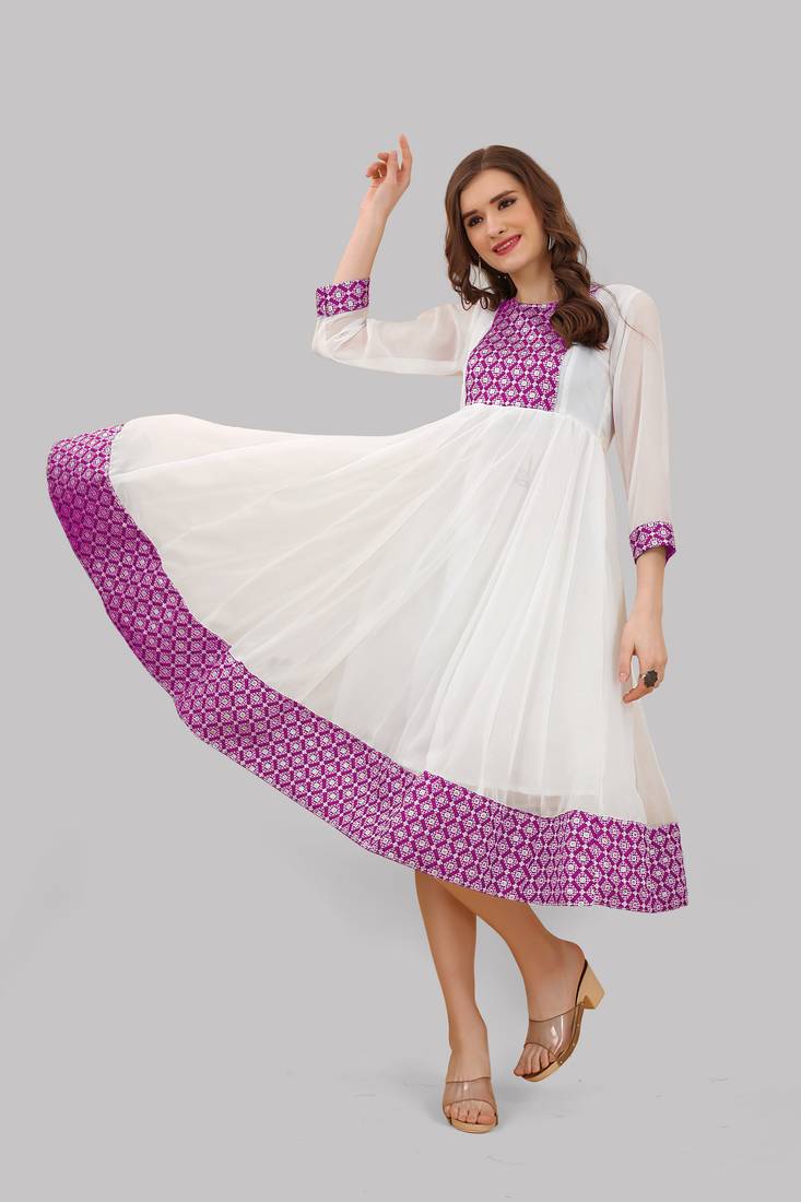 White embroidered georgette anarkali designer kurti